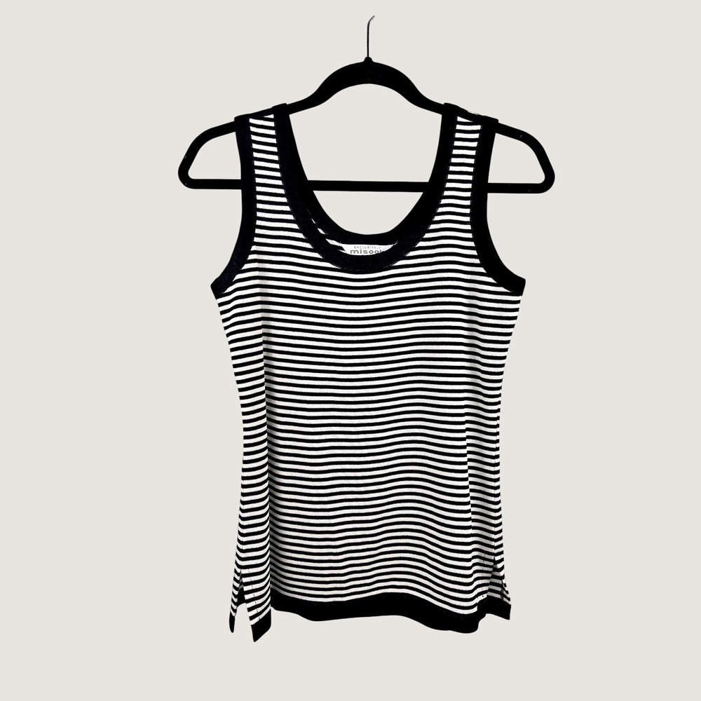 Misook Tank Top S Black White Striped Knit Petite Scoop Neck Sleeveless Shell